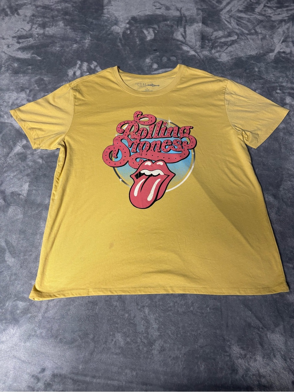 the Rolling Stones Mustard Yellow Tee with Red Tongue Graphic